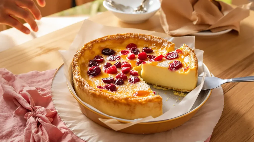 Entre flan et clafoutis, ce gâteau sans beurre ni sucre raffiné dévoile sa texture aérienne