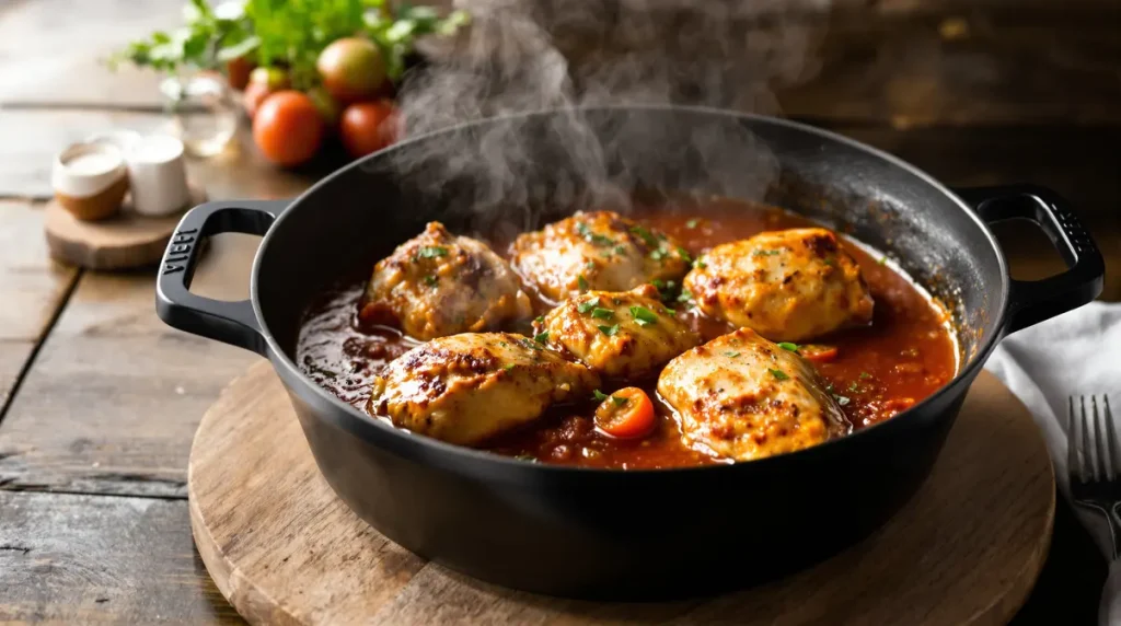 Pollo alla cacciatora : le poulet du dimanche à l’italienne, lentement mijoté aux tomates et aux olives